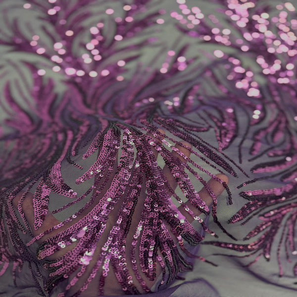 Plum Purple Ariba Floral Leaf Stretch Sequins Fabric