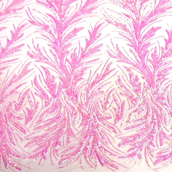 Baby Pink Iridescent Ariba Floral Leaf Stretch Sequins Fabric