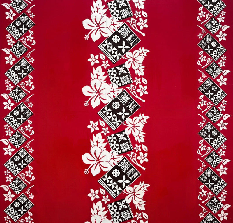 Hibiscus Tropical Leaves w/ Patches of Traditional Tapa Double Border Fabric | Polyester