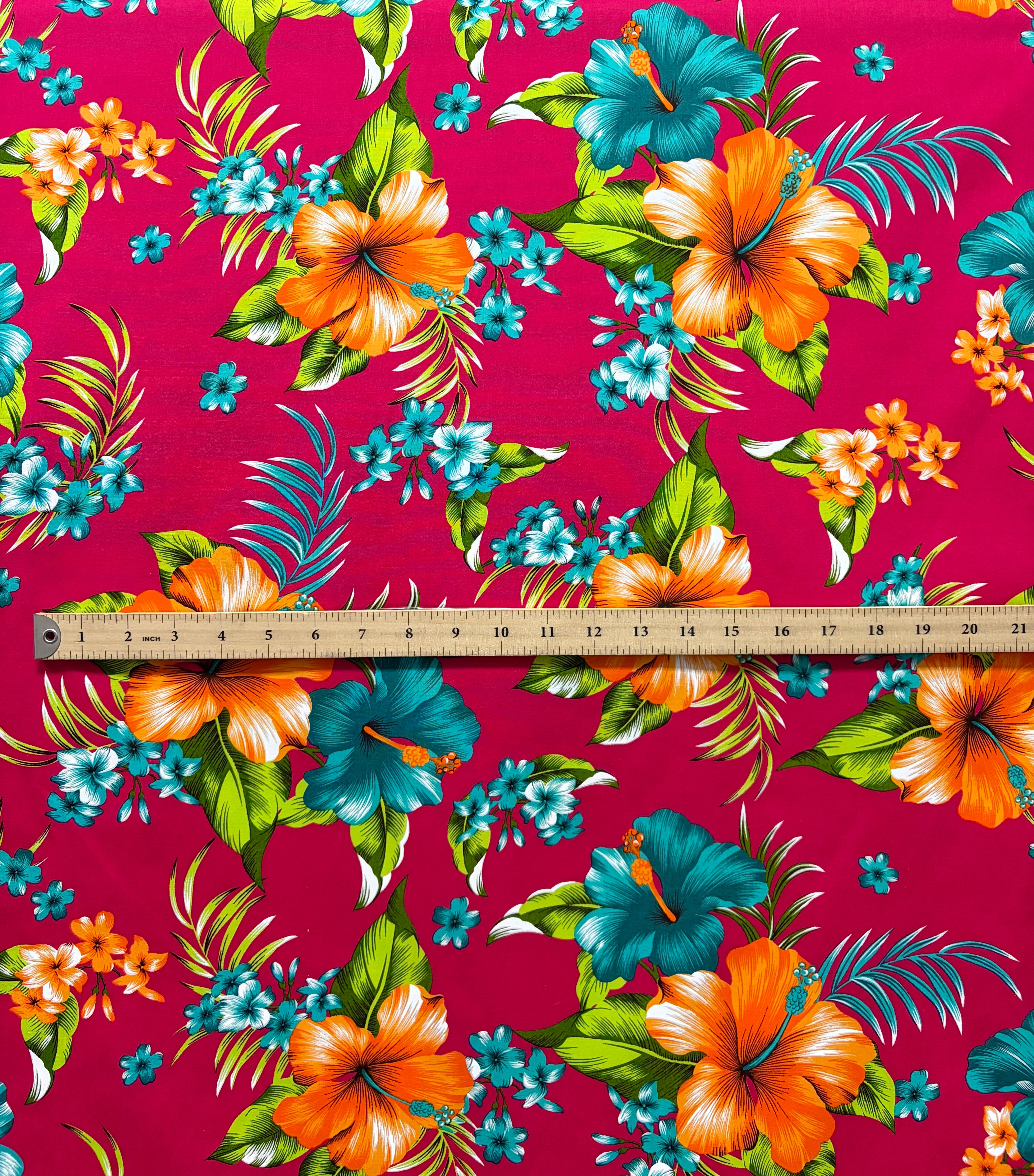 Hibiscus Palm Leaves Cluster All Over design Cotton Fabric | Islands Fabric