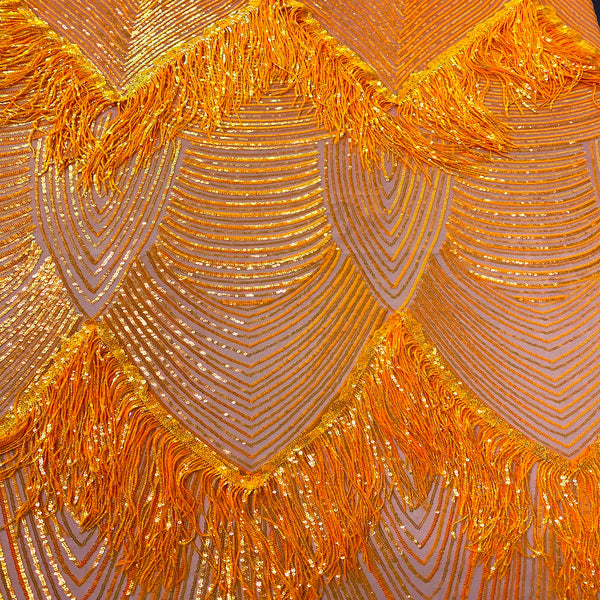 Orange Iridescent Flamingo Fringe Sequins Embroidered Fabric