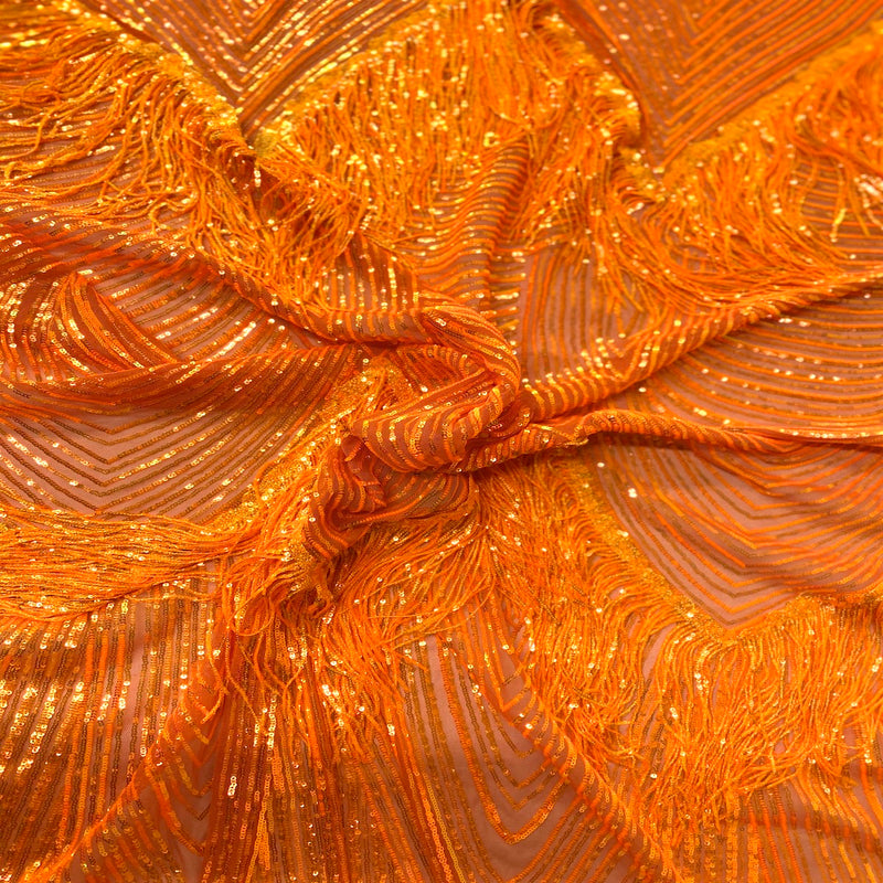 Orange Iridescent Flamingo Fringe Sequins Embroidered Fabric