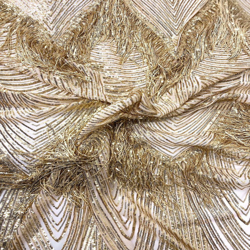 Gold Flamingo Fringe Sequins Embroidered Fabric