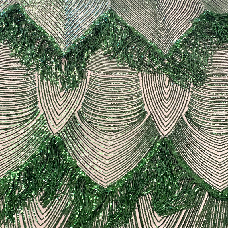 Hunter Green Flamingo Fringe Sequins Embroidered Fabric