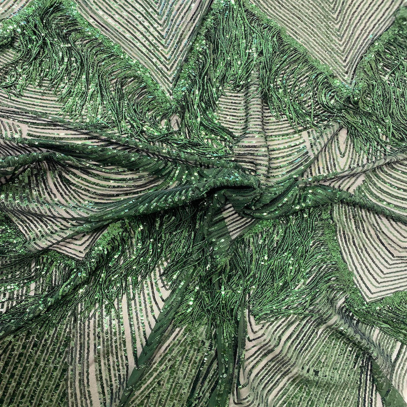 Hunter Green Flamingo Fringe Sequins Embroidered Fabric