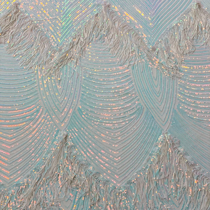 Iridescent Blue White Mesh Flamingo Fringe Sequins Embroidered Fabric