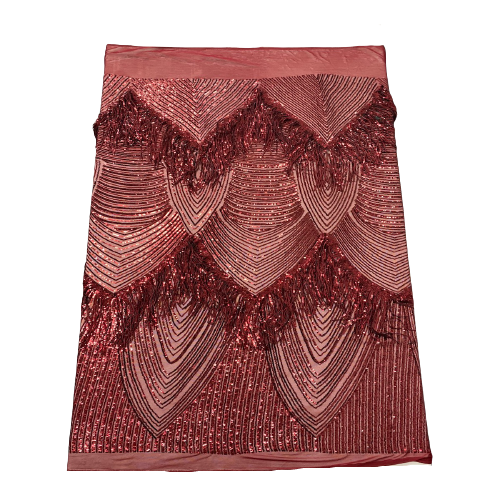 Burgundy Flamingo Fringe Sequins Embroidered Fabric