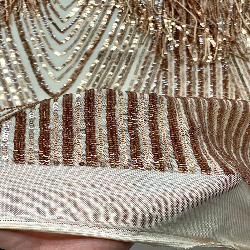 Champagne Gold Flamingo Fringe Sequins Embroidered Fabric