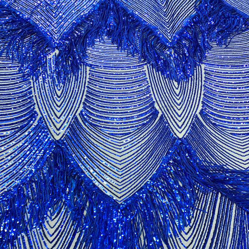 Royal Blue Flamingo Fringe Sequins Embroidered Fabric