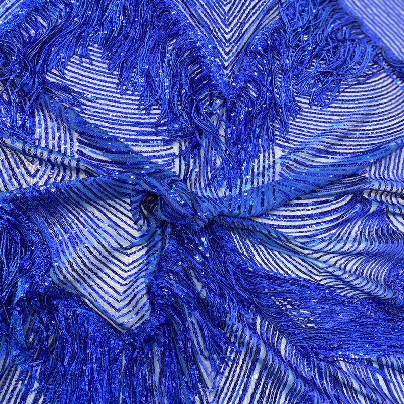 Royal Blue Flamingo Fringe Sequins Embroidered Fabric