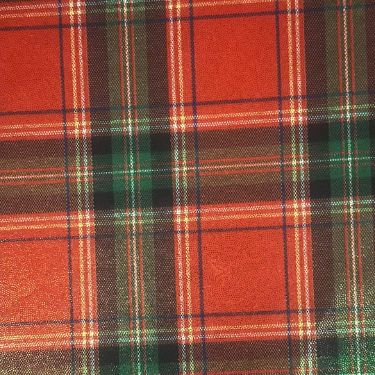 Plaid Print Foiled Polyester Spandex Tricot Fabric | Spandex Palace Red