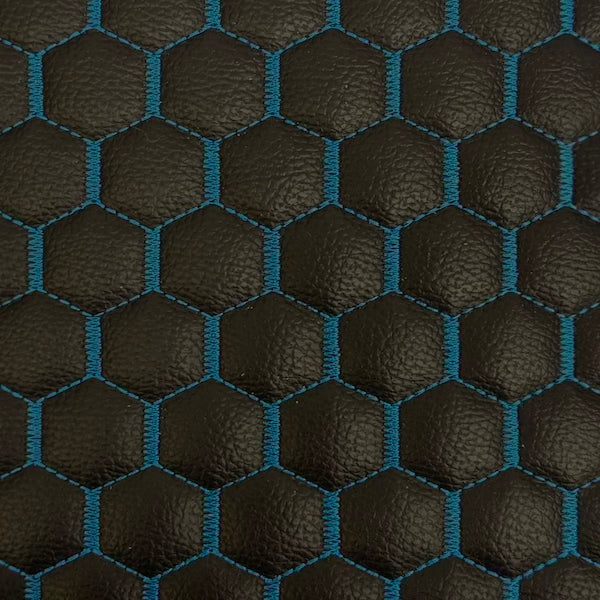 Black | Blue Honeycomb Hexagon Quilted Foam Backed Faux Leather Vinyl Fabric