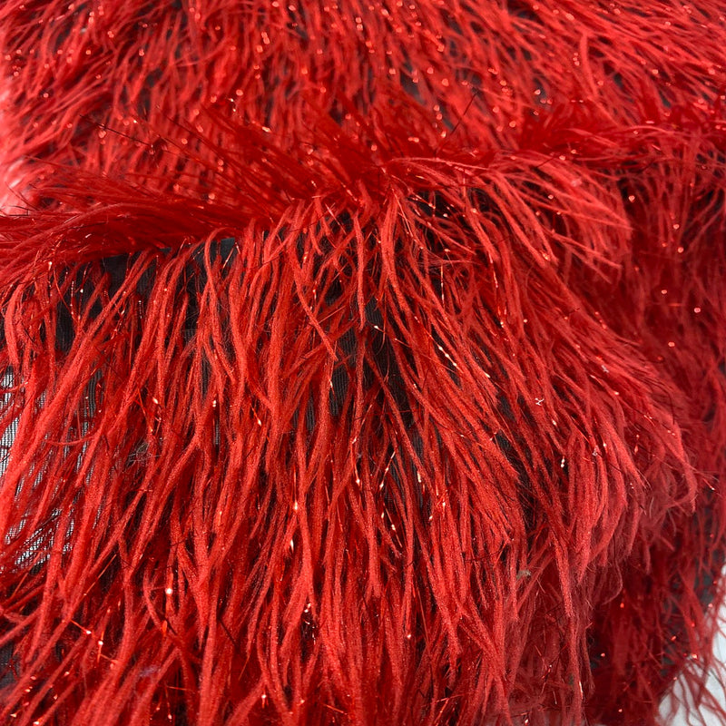 Red Metallic Faux Ostrich Feather Lace Fabric