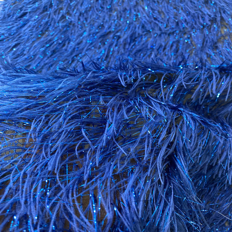 Royal Blue Metallic Faux Ostrich Feather Lace Fabric