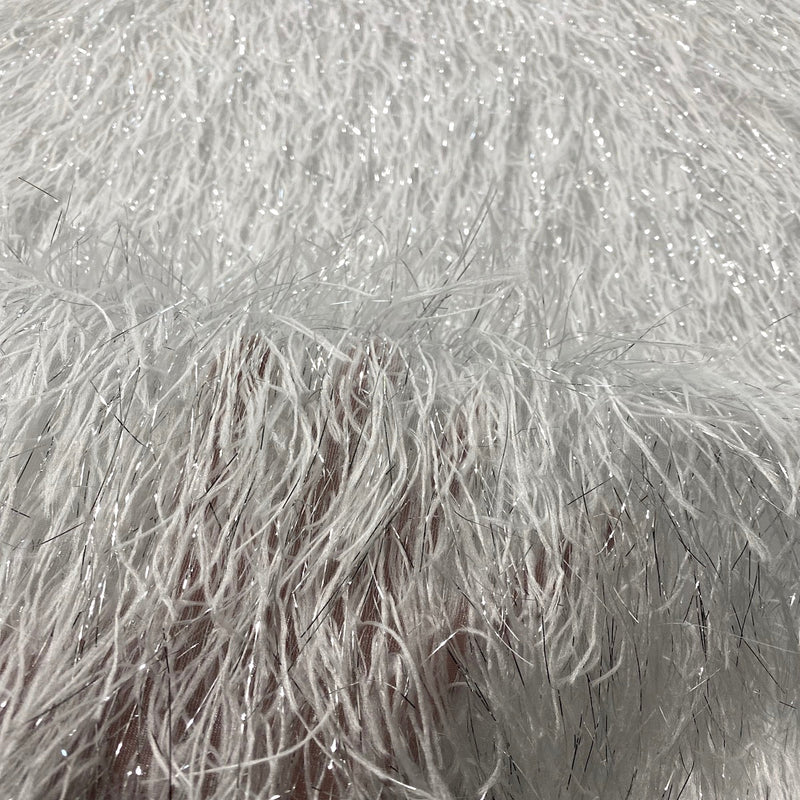 White | Silver Metallic Faux Ostrich Feather Lace Fabric