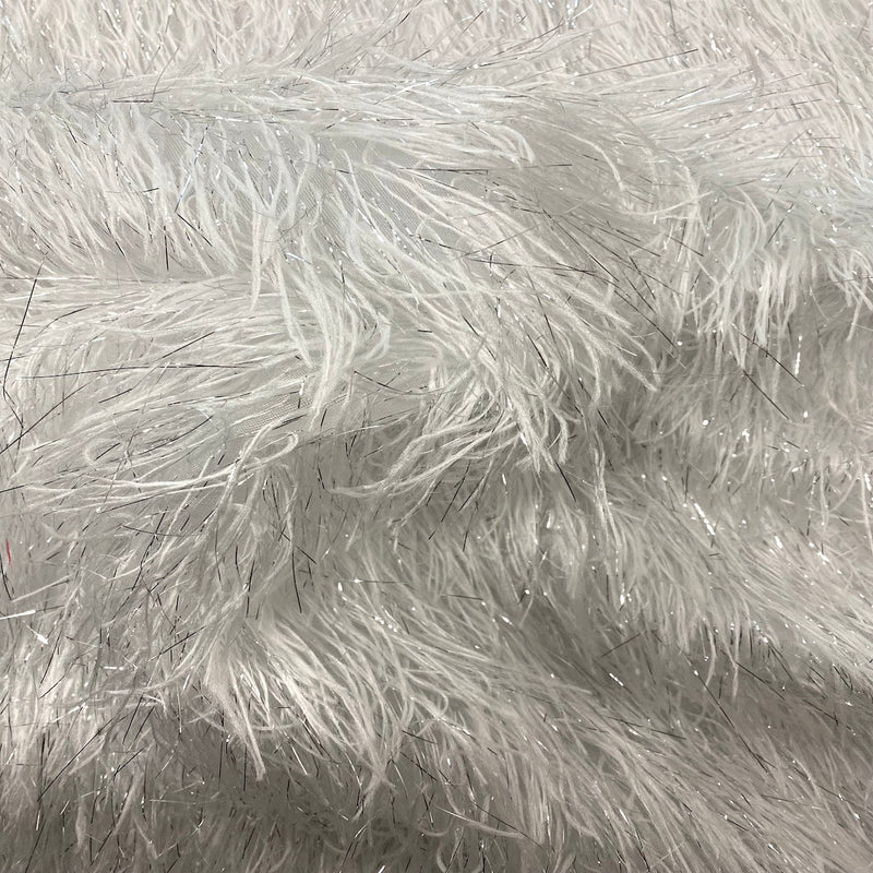 White | Silver Metallic Faux Ostrich Feather Lace Fabric