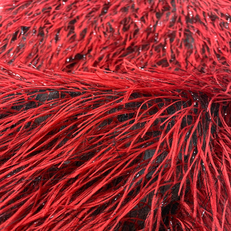 Dark Red | Black Metallic Faux Ostrich Feather Lace Fabric