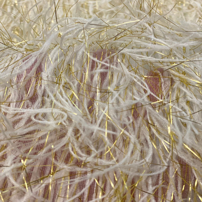 Ivory | Gold Metallic Faux Ostrich Feather Lace Fabric