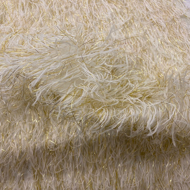 Ivory | Gold Metallic Faux Ostrich Feather Lace Fabric