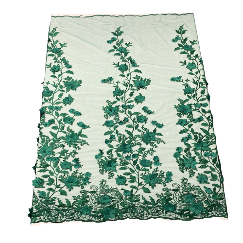 Hunter Green 3D Embroidered Satin Floral Pearl Lace Fabric