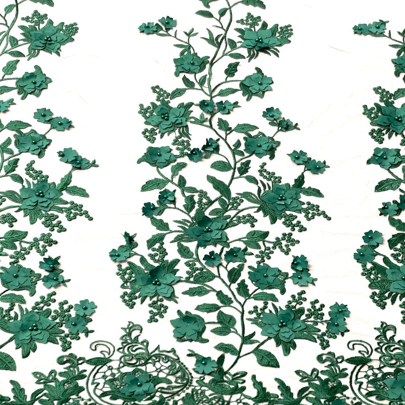 Hunter Green 3D Embroidered Satin Floral Pearl Lace Fabric