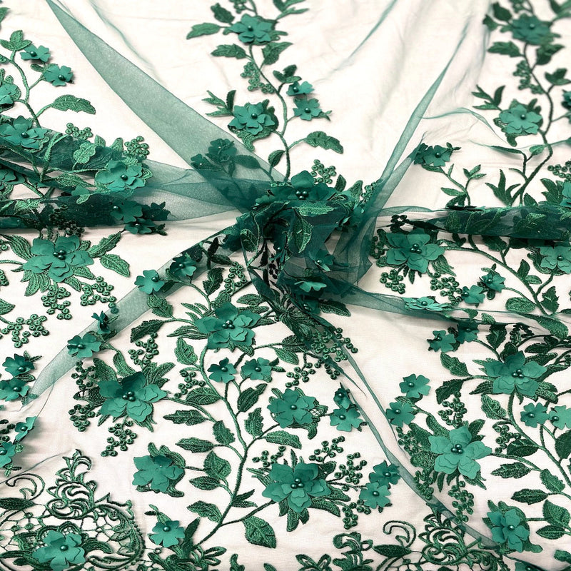 Hunter Green 3D Embroidered Satin Floral Pearl Lace Fabric