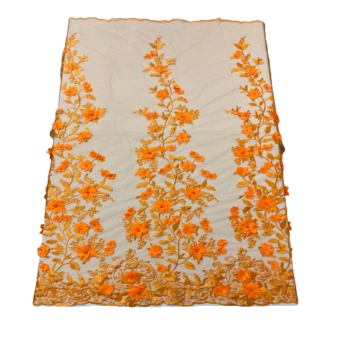 Orange 3D Embroidered Satin Floral Pearl Lace Fabric