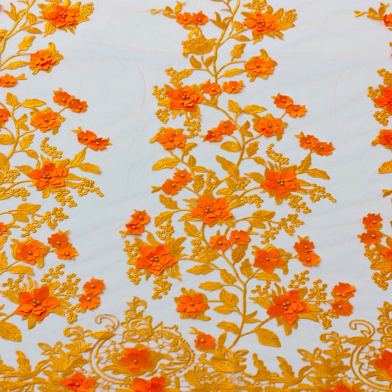 Orange 3D Embroidered Satin Floral Pearl Lace Fabric