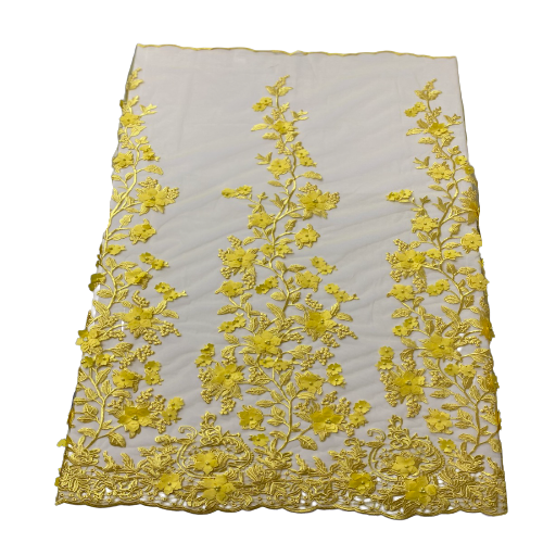 Yellow 3D Embroidered Satin Floral Pearl Lace Fabric