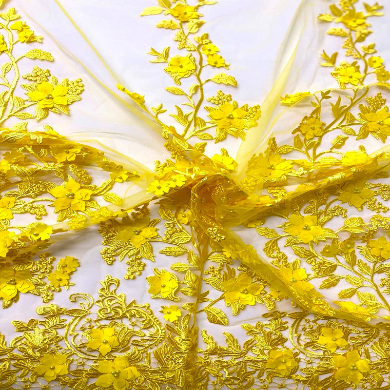 Yellow 3D Embroidered Satin Floral Pearl Lace Fabric