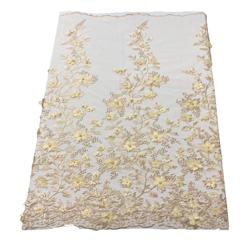 Beige 3D Embroidered Satin Floral Pearl Lace Fabric