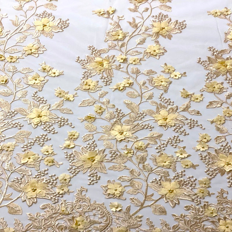 3D Embroidered Satin Floral Pearl Lace Fabric