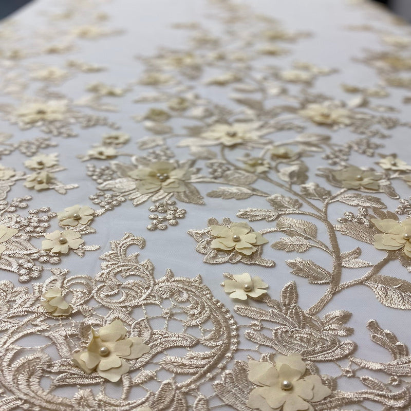 3D Embroidered Satin Floral Pearl Lace Fabric