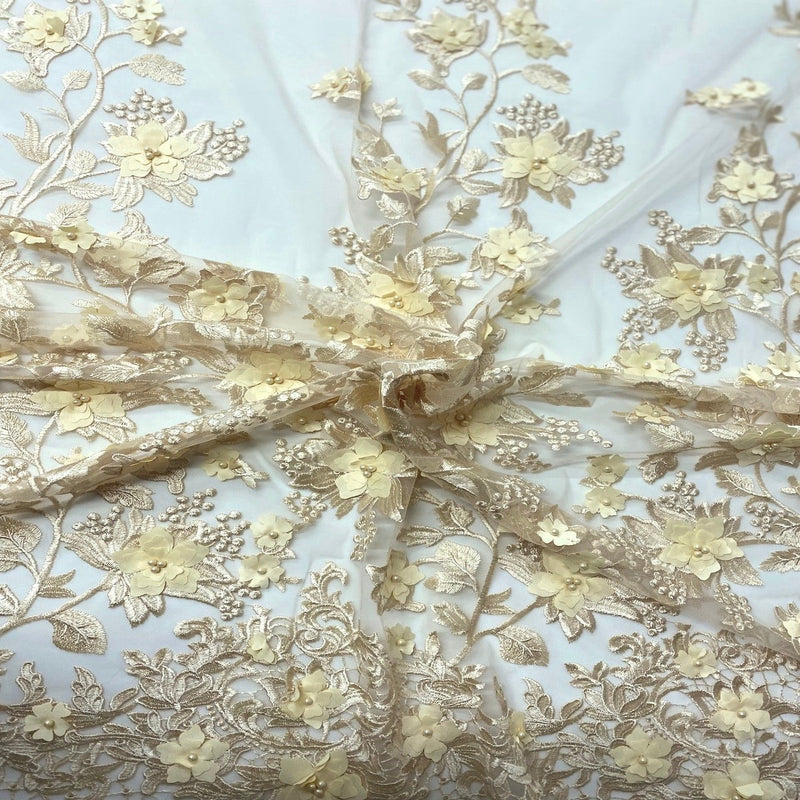 3D Embroidered Satin Floral Pearl Lace Fabric