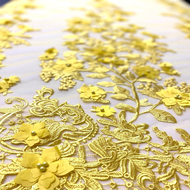 Yellow 3D Embroidered Satin Floral Pearl Lace Fabric