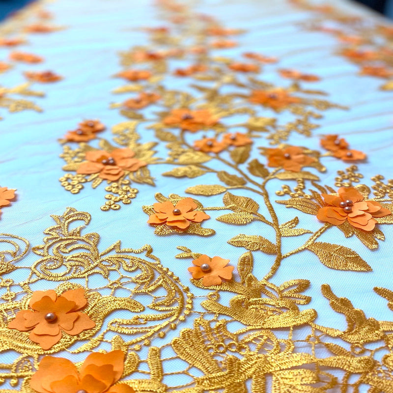 3D Embroidered Satin Floral Pearl Lace Fabric