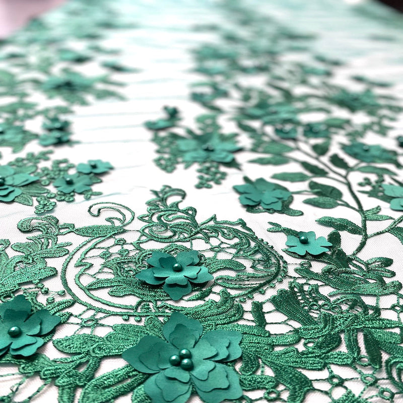 Hunter Green 3D Embroidered Satin Floral Pearl Lace Fabric