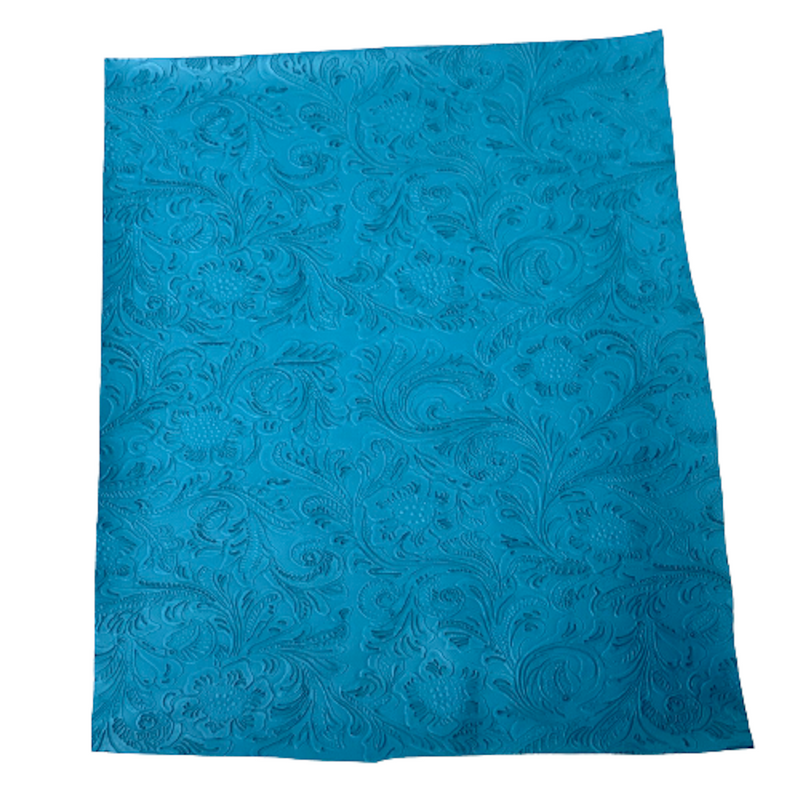 Ocean Blue Western Floral PU Faux Leather Vinyl Fabric