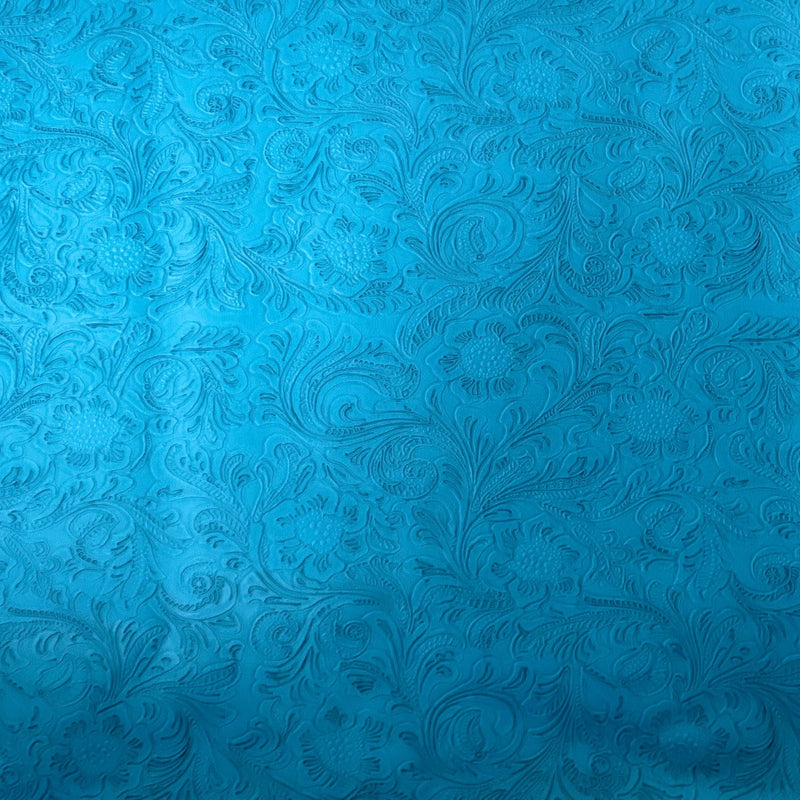 Ocean Blue Western Floral PU Faux Leather Vinyl Fabric