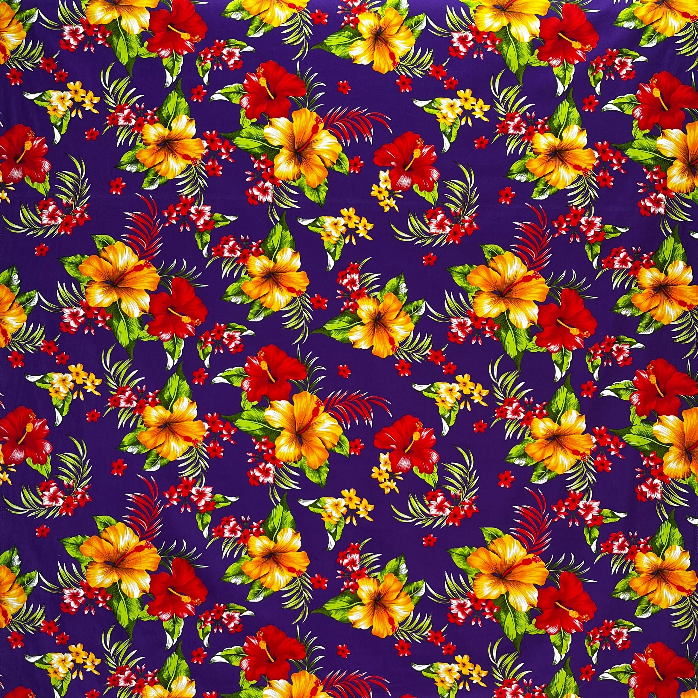 Hibiscus Palm Leaves Cluster All Over design Cotton Fabric | Islands Fabric