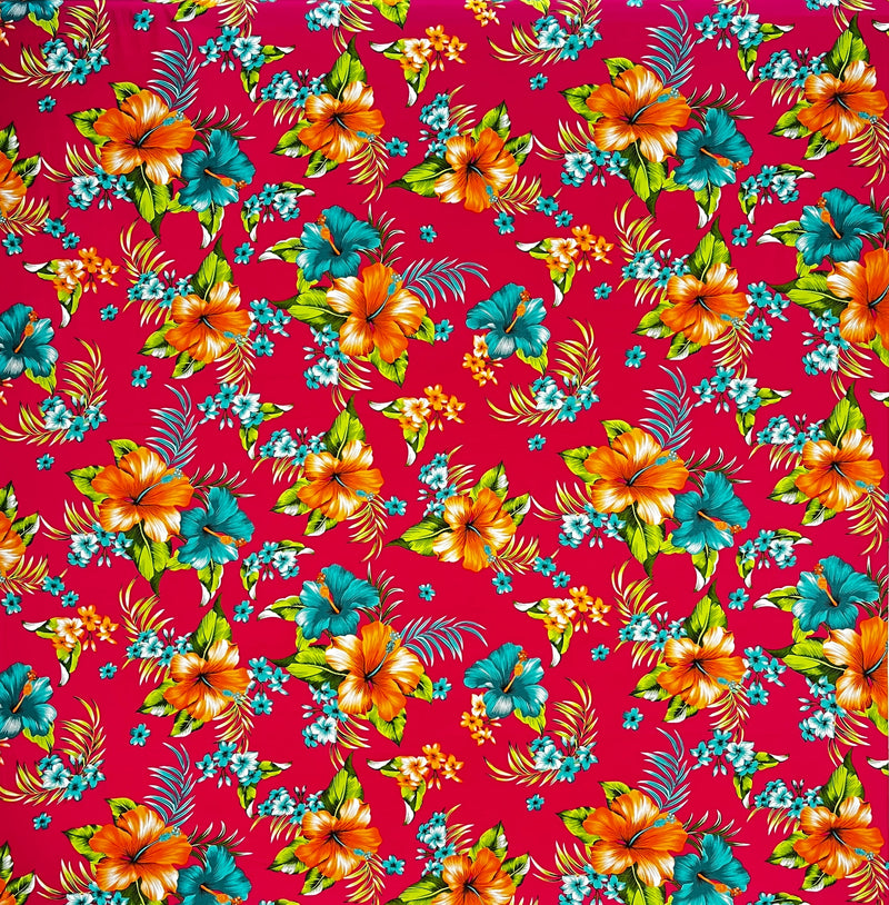 Hibiscus Palm Leaves Cluster All Over design Fabric  | Cotton