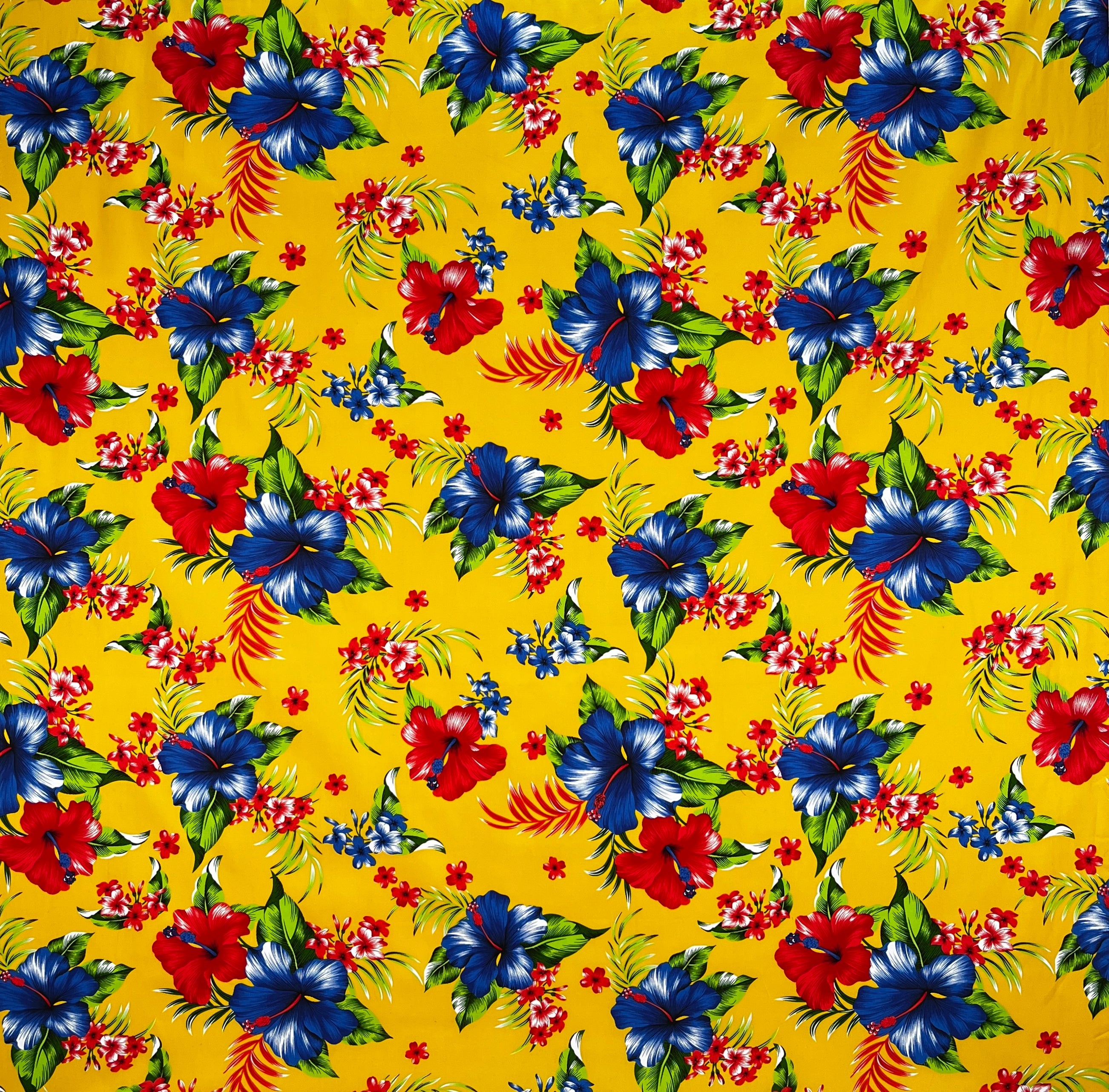 Hibiscus Palm Leaves Cluster All Over design Cotton Fabric | Islands Fabric