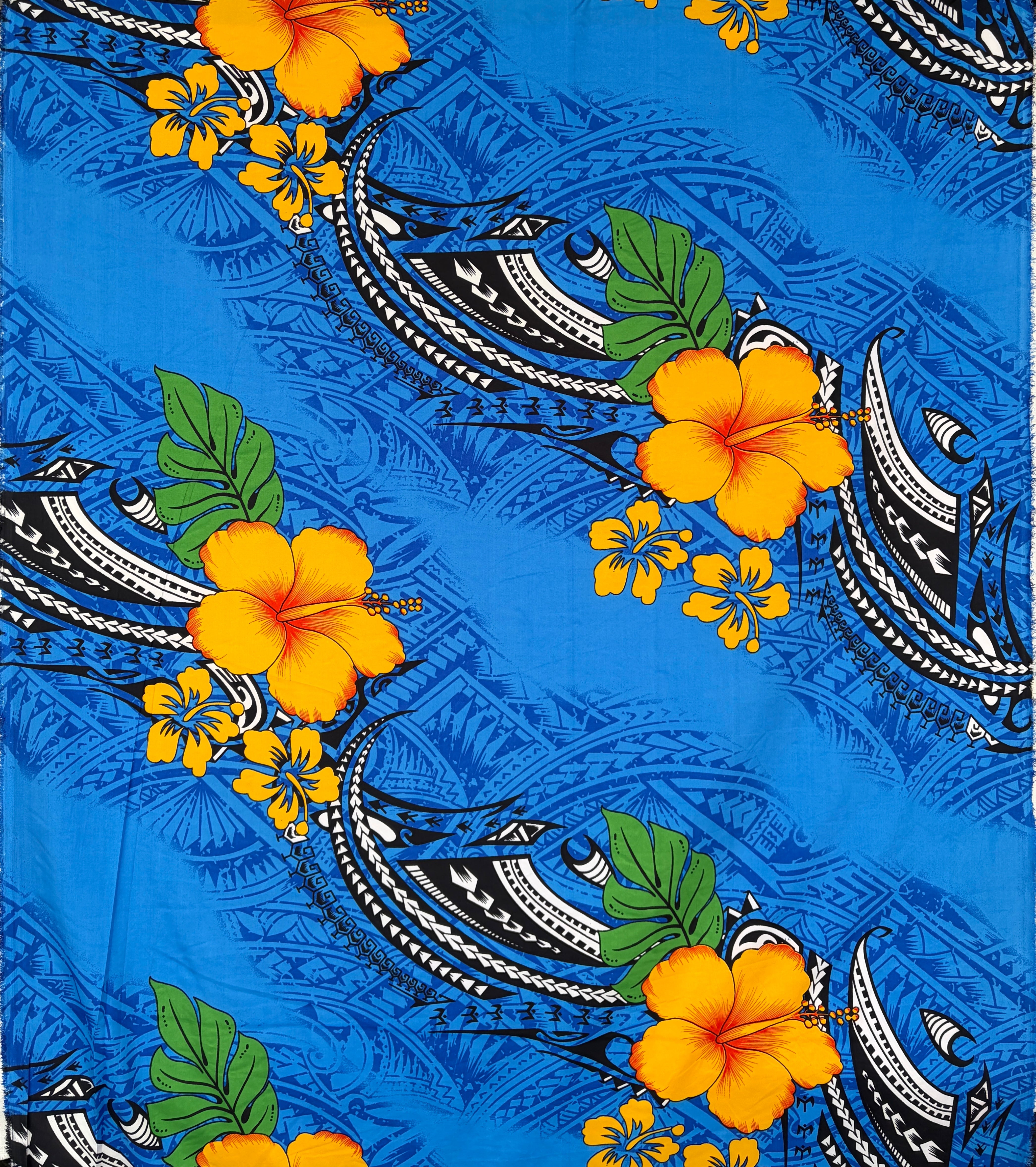 Hibiscus Tribal Polynesian Tattoo Peachskin (Polyester) Fabric | Islands Fabric