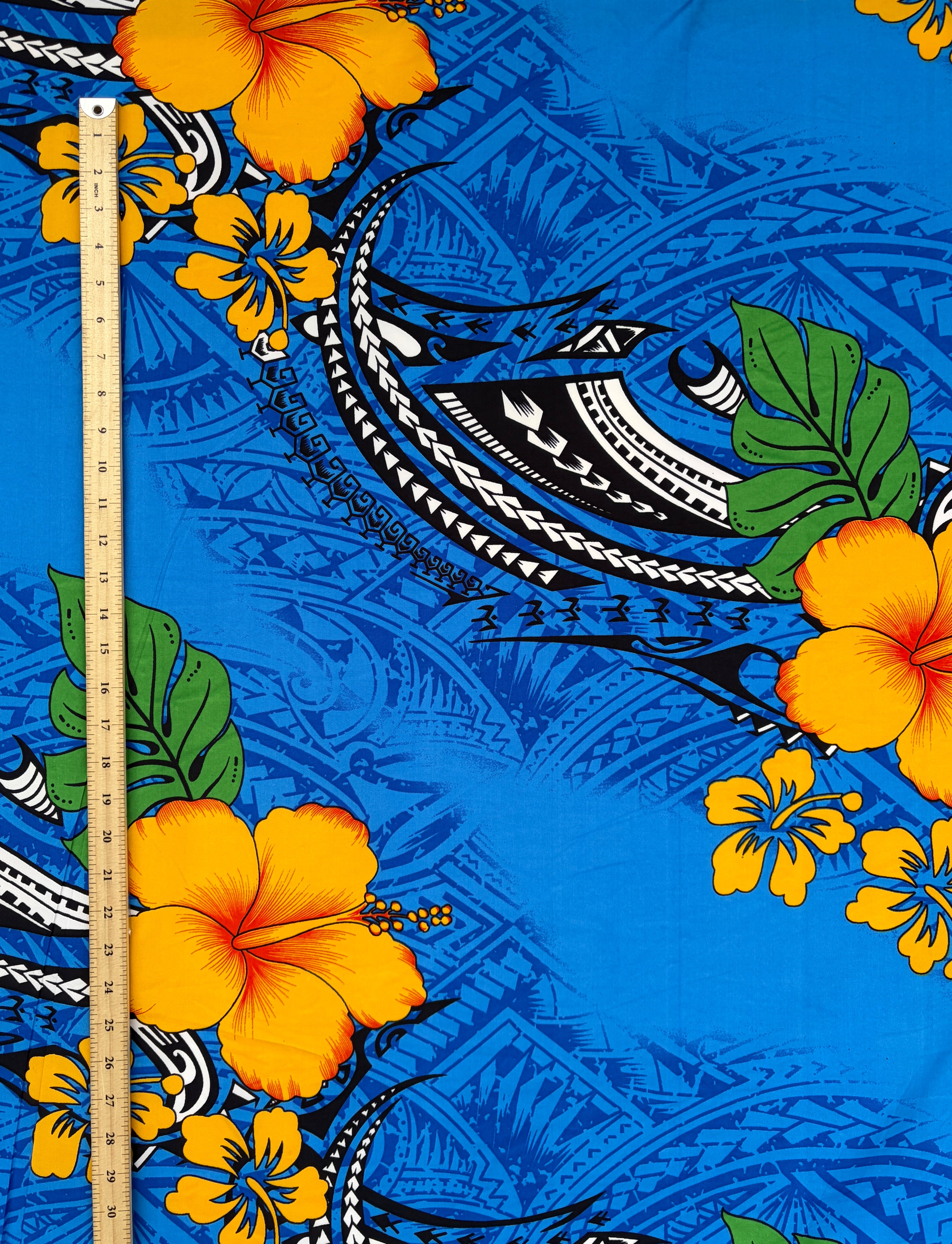 Hibiscus Tribal Polynesian Tattoo Peachskin (Polyester) Fabric | Islands Fabric