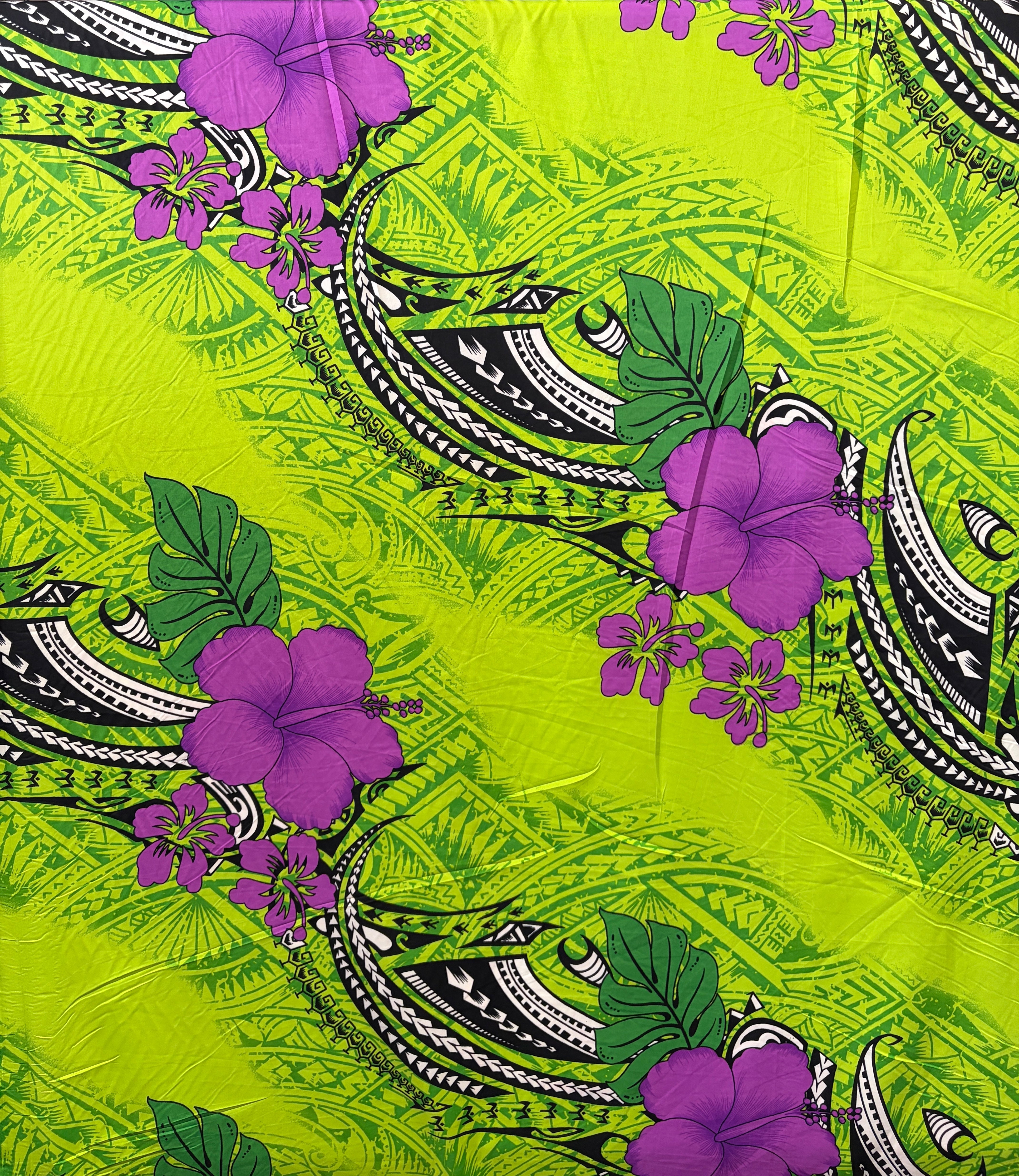 Hibiscus Tribal Polynesian Tattoo Peachskin (Polyester) Fabric | Islands Fabric