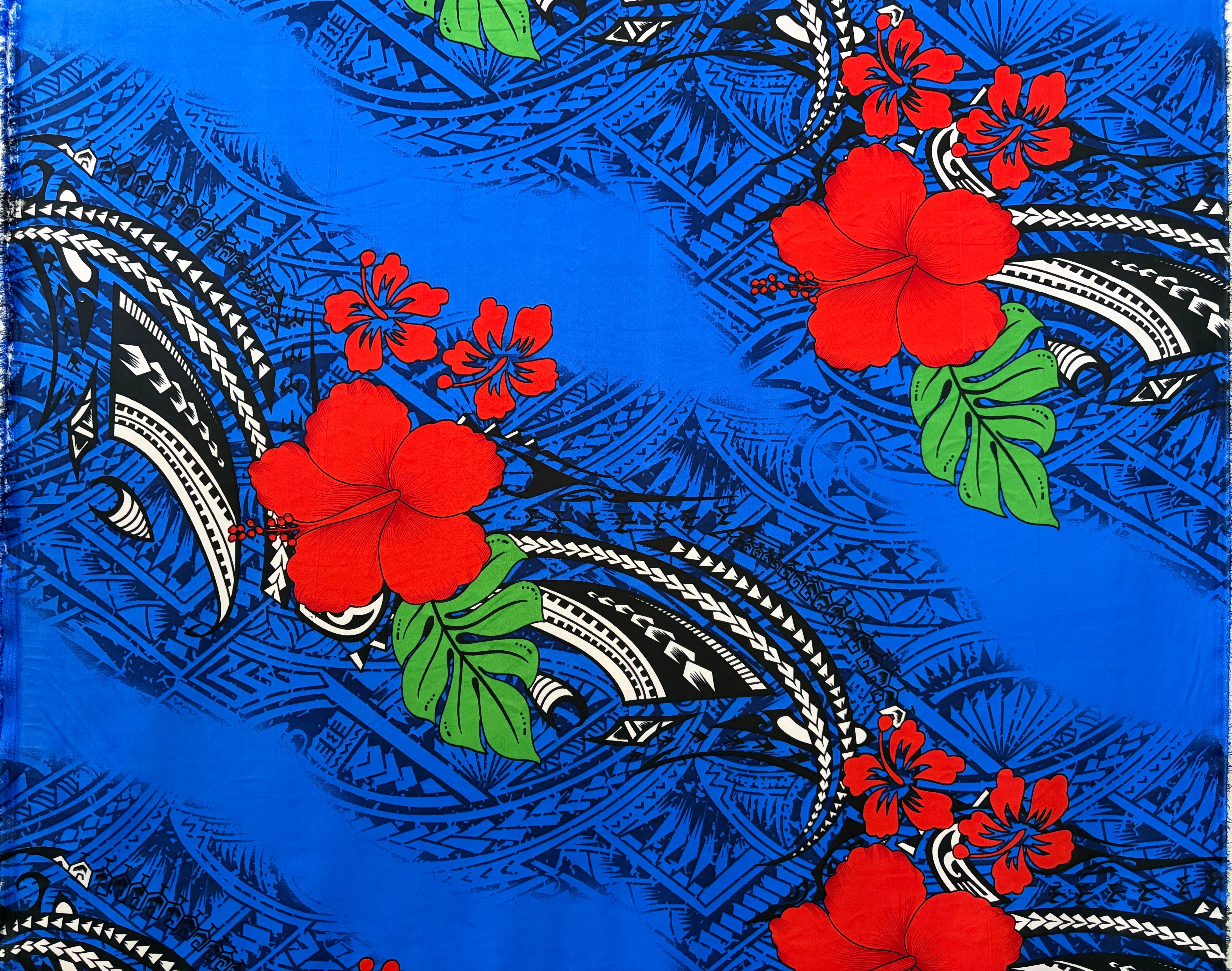 Hibiscus Tribal Polynesian Tattoo Peachskin (Polyester) Fabric | Islands Fabric