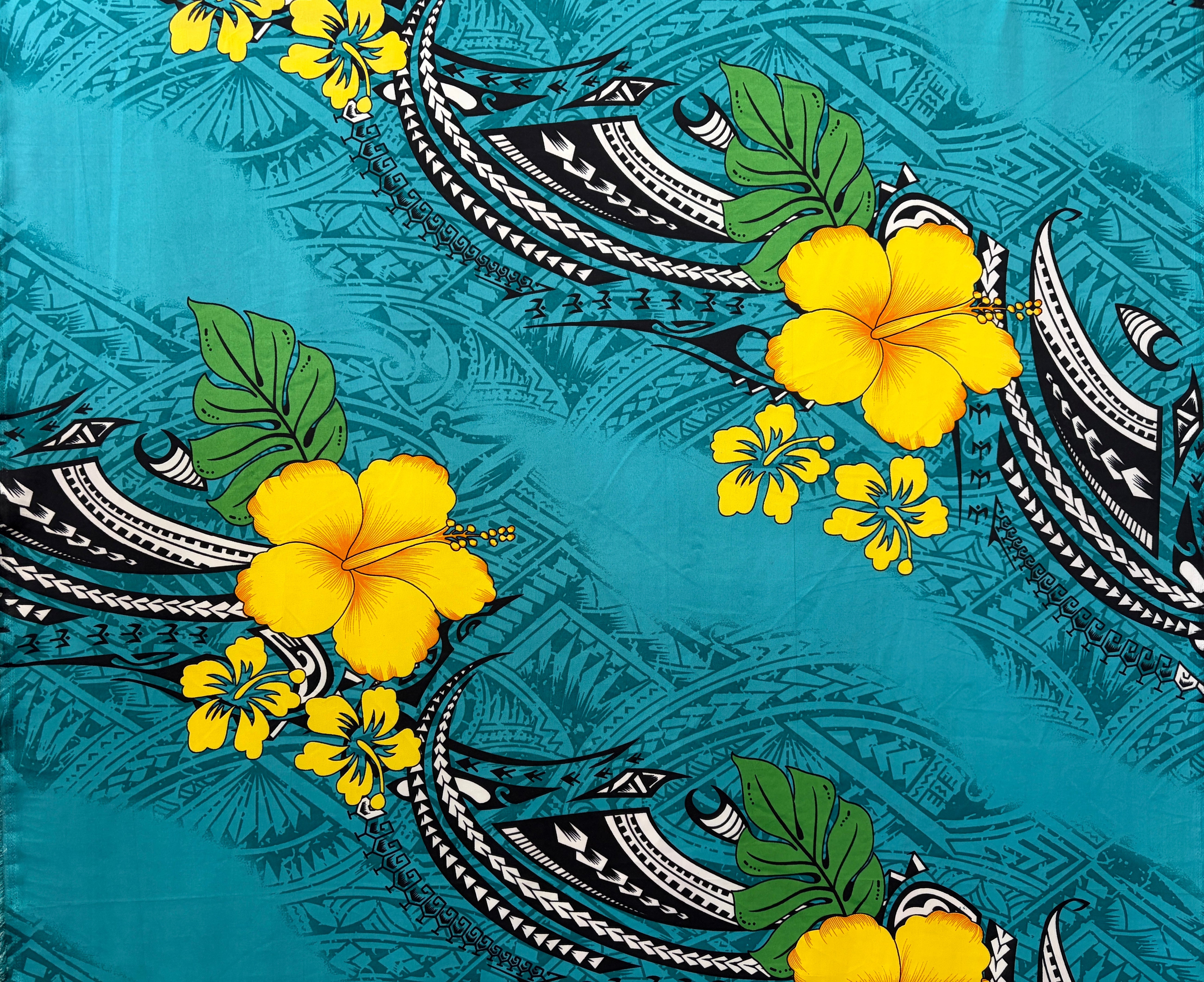 Hibiscus Tribal Polynesian Tattoo Peachskin (Polyester) Fabric | Islands Fabric