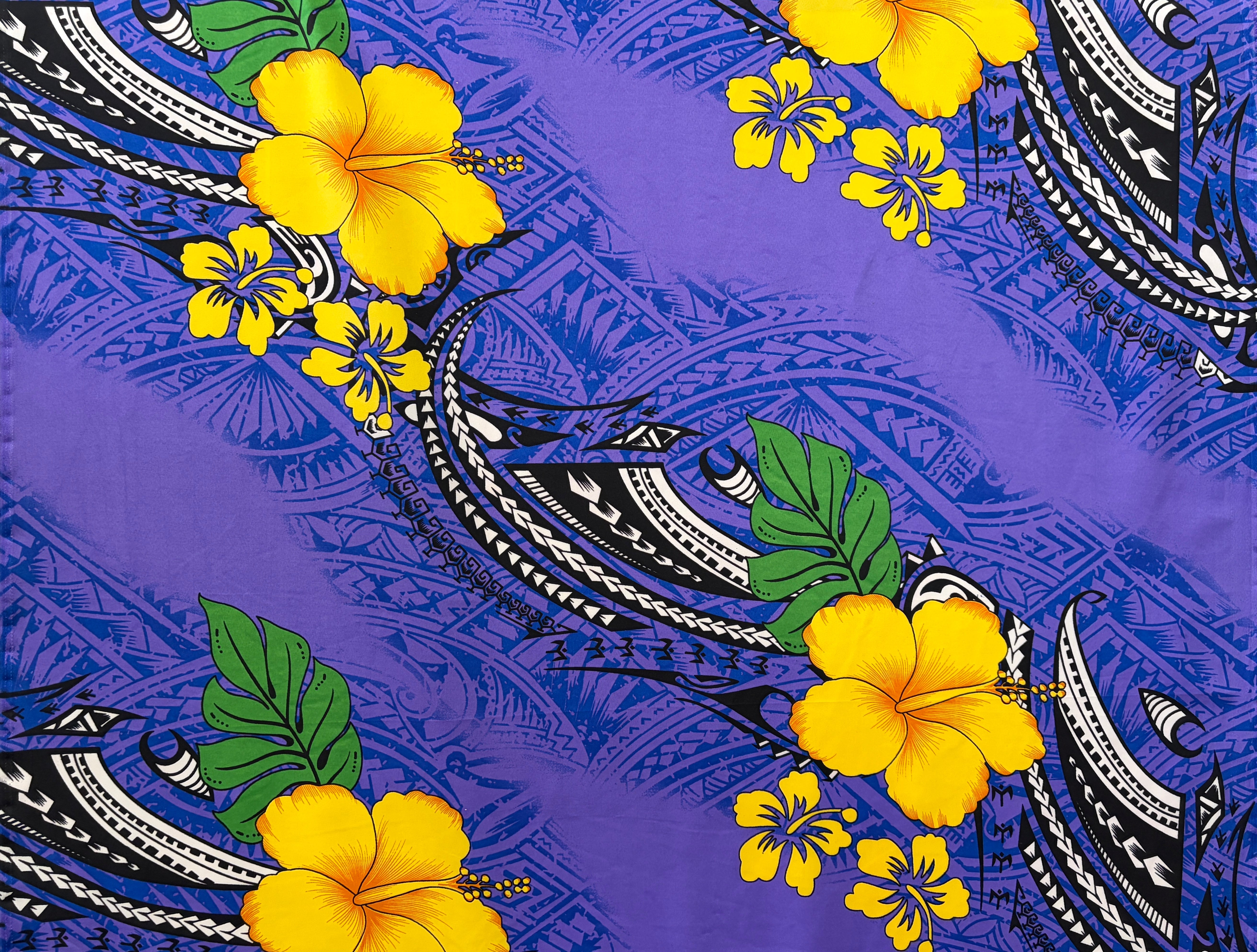 Hibiscus Tribal Polynesian Tattoo Peachskin (Polyester) Fabric | Islands Fabric