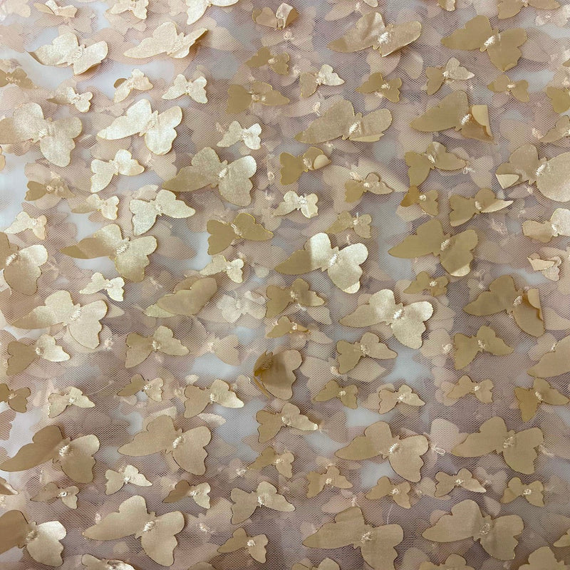 Champagne Gold 3D Butterfly Embroidered Satin Lace Fabric