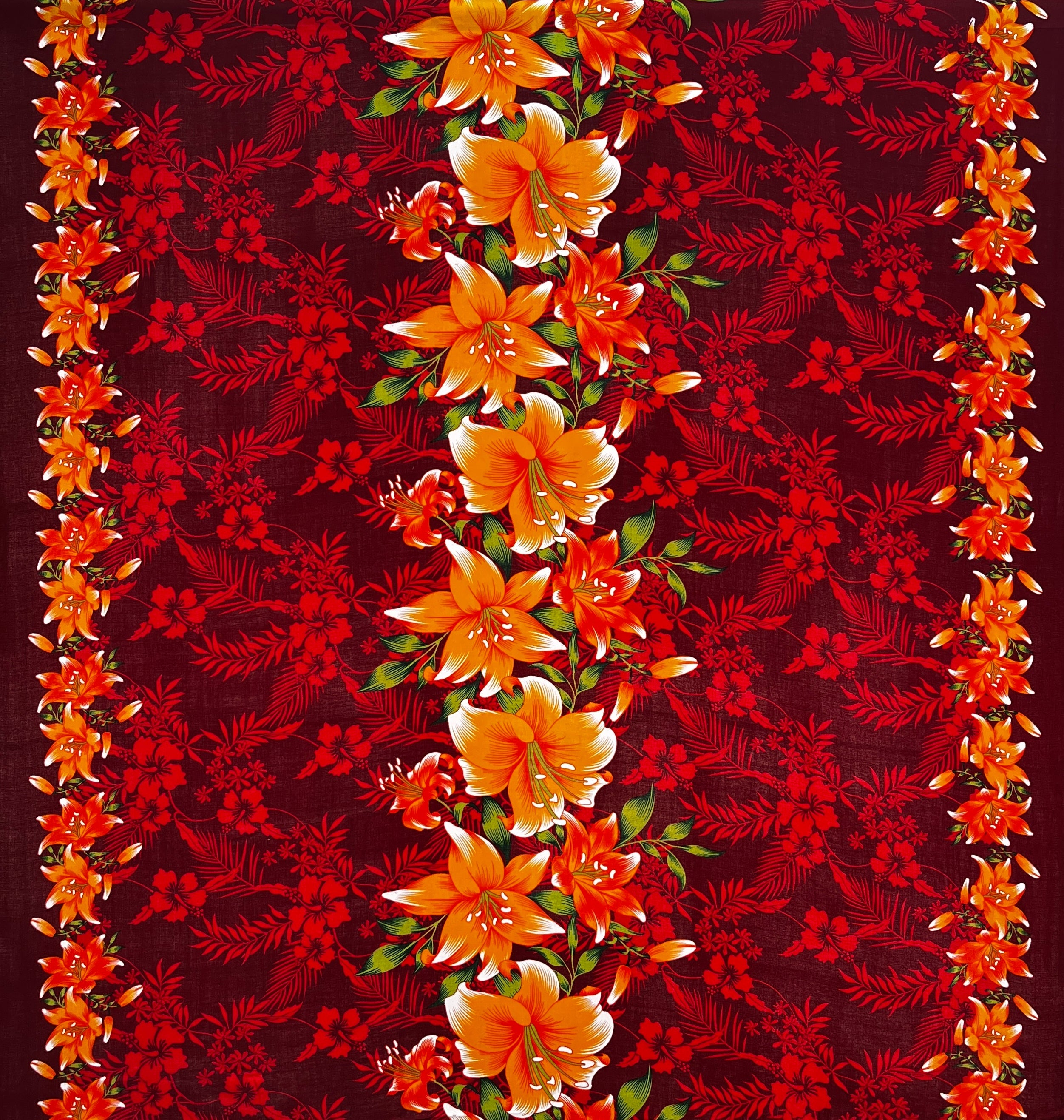 Triple Lily Border with tropical Flowers & Leaves Fabric | Rayon  |  Spandex Palace